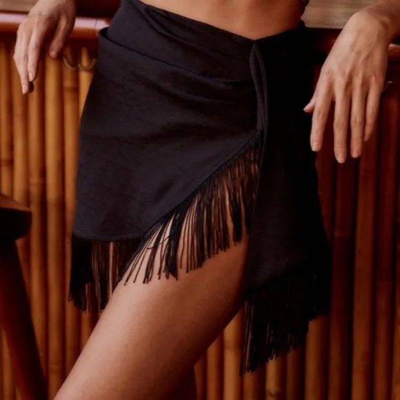 12th Tribe Asymmetrical Black Fringe Skirt - Picture 3 of 9